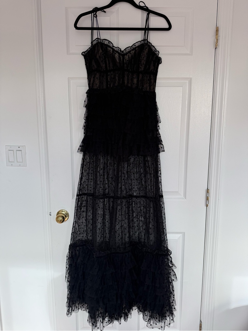 For Love & Lemons Black Sheer Polka-Dot Tiered Maxi Dress - Picture 1 of 9